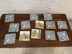 A group of Minton tiles, including ten Delft style and three depicting urban scenes, each measures