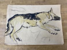 Geoffrey Squire (Scottish, 1923-2012), Sleeping German Shepherd, pencil and watercolour inscribed