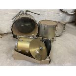 A set of drums, includes base, snare, miscellaneous other drums and cymbals, complete with stands