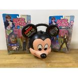 A Mickey Mouse lunch kit including Thermos, measures 26cm high, and two Austin Power figures in