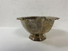 An 18th continental white metal footed bowl with scalloped edge, marks to base include AAU, A and