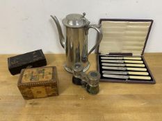 A mixed lot including a polished metal coffee pot, measures 23cm high, pair of opera glasses, six