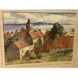 W R Ovens, village overlooking harbour, watercolour, signed and dated bottom right, framed, 27cm x