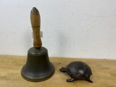 A bronze tortoise measures 5cm high x 13cm long x 9cm along with hand bell (2)