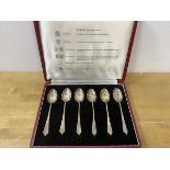 A set of six silver coffee spoons each with different offices marks, box inscribed with