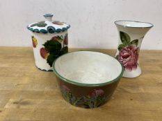 A Wemyss lidded preserve pot, measures 13cm high along with a waisted vase and a bowl with thistle