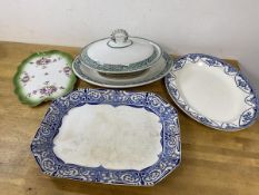 A mixed lot of china including a footed serving dish with lid and plate, two blue and white ashet'