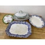 A mixed lot of china including a footed serving dish with lid and plate, two blue and white ashet'