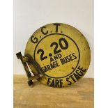 A vintage GCT bus stop sign inscribed To. 20 and Garage Buses Fairstage, measures 40cm diameter