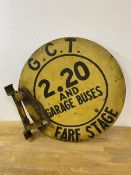 A vintage GCT bus stop sign inscribed To. 20 and Garage Buses Fairstage, measures 40cm diameter