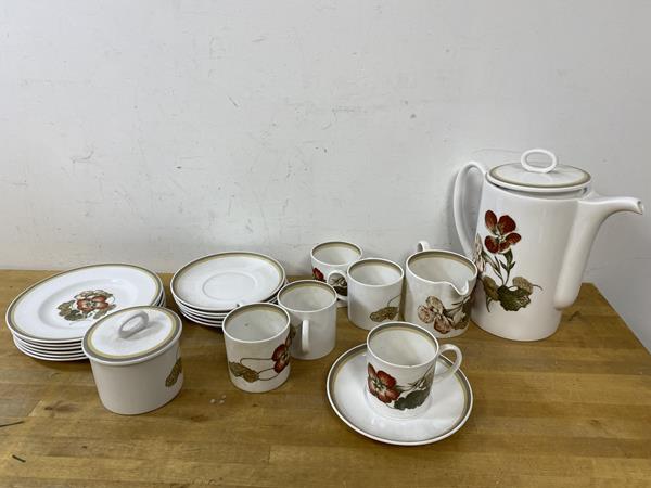 A Susie Cooper nasturtium pattern part coffee service, includes coffee pot, measures 22cm high, five