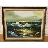 1970's school, Ocean Waves, oil, indistinctly signed bottom left, measures 45cm x 57cm