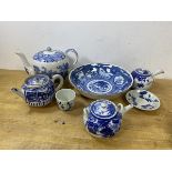 A collection of blue and white china including a 19thc transfer printed teapot which measures 16cm