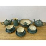 A Denby china including two teapots, larger measures 13cm high, three bowls or cups with saucers etc