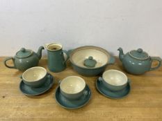 A Denby china including two teapots, larger measures 13cm high, three bowls or cups with saucers etc
