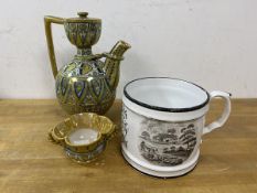 A 19thc Staffordshire transfer printed mug measures 11cm high x 12cm diameter along with a lustre
