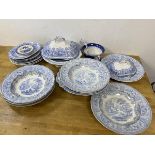A collection of mid 19thc blue and white transfer printed china including soup plates, serving