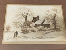 Late 19thc school, figures near church, watercolour, signed in pencil on matting, measures 18.5cm
