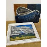 Bennachie, landscape, pastel, paper label verso, measures 20cm x 28cm along with an oil of boat,
