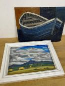 Bennachie, landscape, pastel, paper label verso, measures 20cm x 28cm along with an oil of boat,