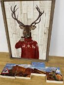 A Fab Funky stag wearing christmas jumper, mixed media, signed bottom left, measures 64cm x 43cm