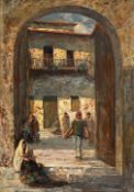 Attilio Pratella (Italian, 1856-1949), Fioraia Nel Vicolo (Flower Girl in the Alley), signed lower