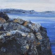 Patricia Reith (Scottish, Contemporary), "Iona, Dark Rocks", signed lower left, oil, framed. 28cm