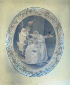 A Regency painted silk needlework panel, oval, worked with the figures of three maidens bearing a