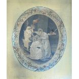 A Regency painted silk needlework panel, oval, worked with the figures of three maidens bearing a