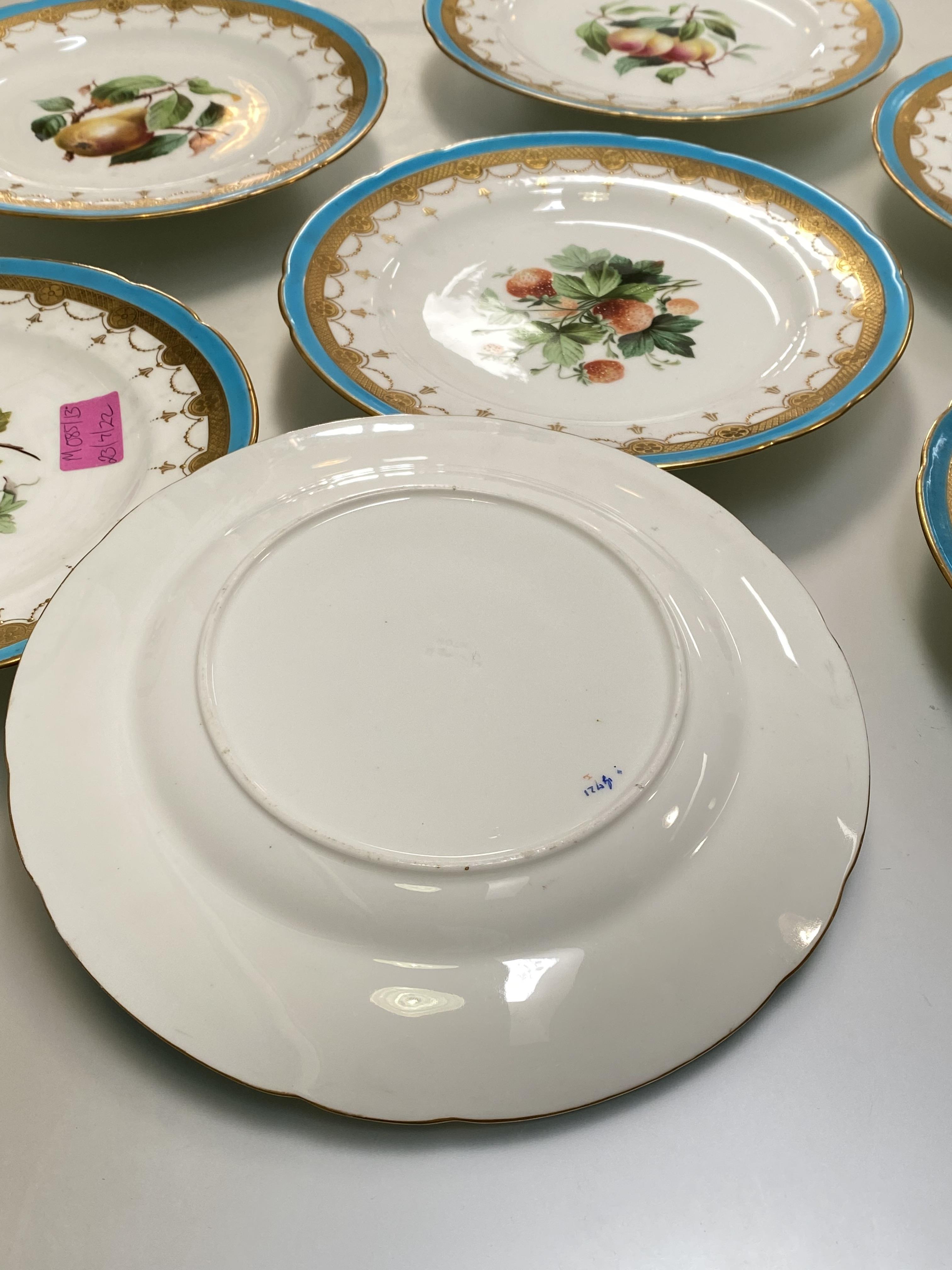 A set of eight Minton fruit-painted dessert plates, c. 1870-80, each painted to the well with - Image 2 of 2