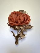 A substantial carved coral brooch, the boldly-carved flowerhead on a yellow metal (unmarked) mount