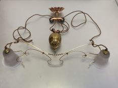 An Art Nouveau style brass rise and fall twin-light ceiling light, in the manner of W.A.S. Benson,