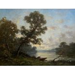 19th Century School, Figure in a Boat by a Wooded River Bank, indistinctly signed lower left, oil on