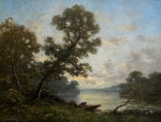 19th Century School, Figure in a Boat by a Wooded River Bank, indistinctly signed lower left, oil on