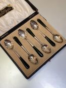 A cased set of six jade-mounted silver teaspoons, William Devenport, Birmingham 1910. (6)
