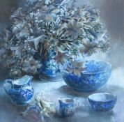 •Ethel Walker (Scottish, b. 1941), "Study in Blue", signed lower right, oil on board, framed. 79cm