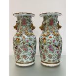 A pair of Chinese Canton famille rose porcelain baluster vases, profusely painted with birds and