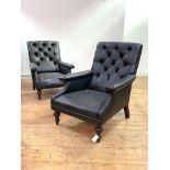 A pair of William IV club chairs, later upholstered in buttoned black faux leather, raised on lobe