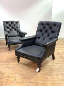 A pair of William IV club chairs, later upholstered in buttoned black faux leather, raised on lobe