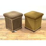 A pair of 19th century oak, mahogany, and pine framed box stools, each upholstered and standing on