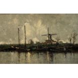 William Alfred Gibson (Scottish, 1866-1931), Dutch Barges with a Windmill Beyond, signed lower left,