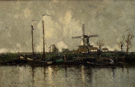 William Alfred Gibson (Scottish, 1866-1931), Dutch Barges with a Windmill Beyond, signed lower left,