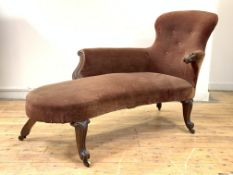 A mid-19th century mahogany chaise longue, the buttoned back, arm and seat upholstered in brown