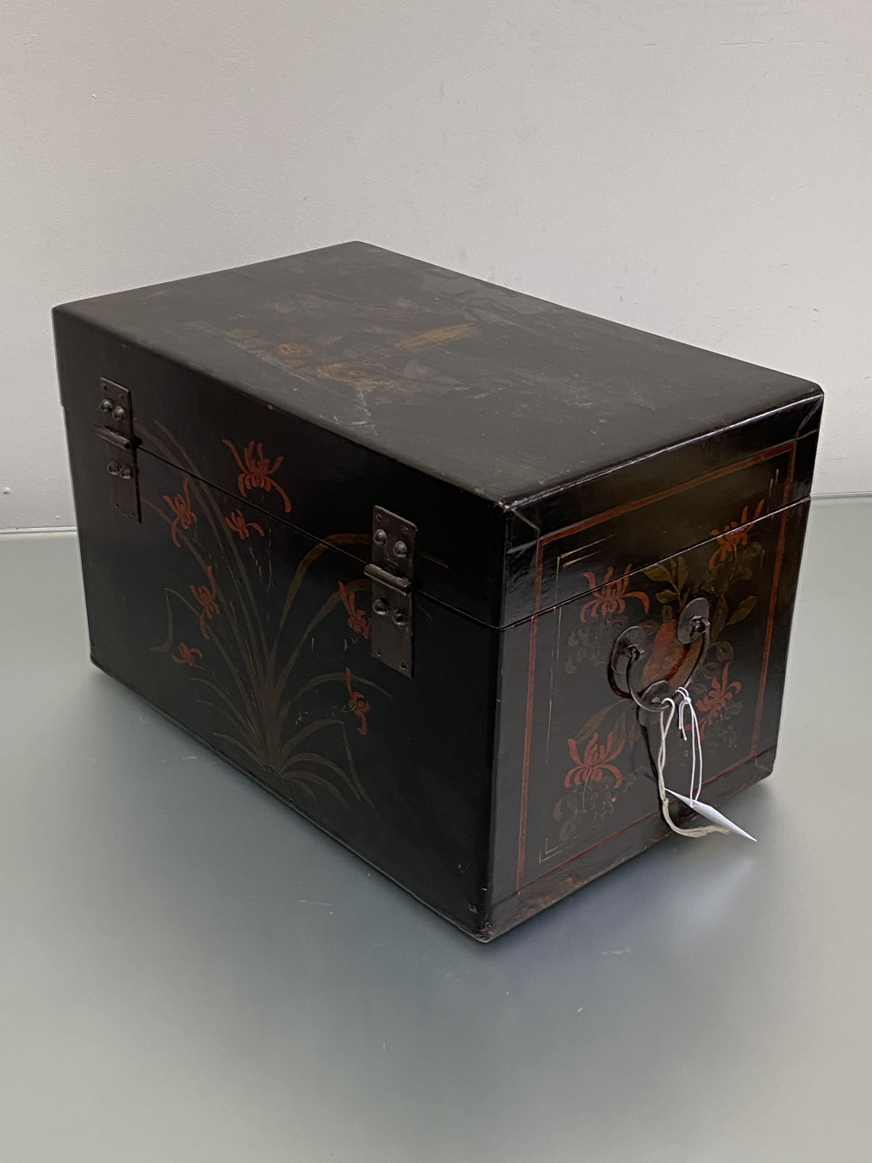 A Chinese black lacquer box, 19th century, decorated with flowers, fruit and precious objects, - Image 3 of 3