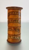 A late 19th century treen spice tower, of tapering cylindrical form, with four named sections, "