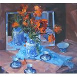 •Helen Turner P.A.I. (Scottish, b. 1937), "Reflections", a still life with poppies, signed lower