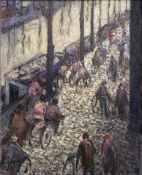 •Geoffrey Roper (Scottish, 1942-2020), Cyclists in Amsterdam, oil on canvas, framed. 25cm by 20cm.