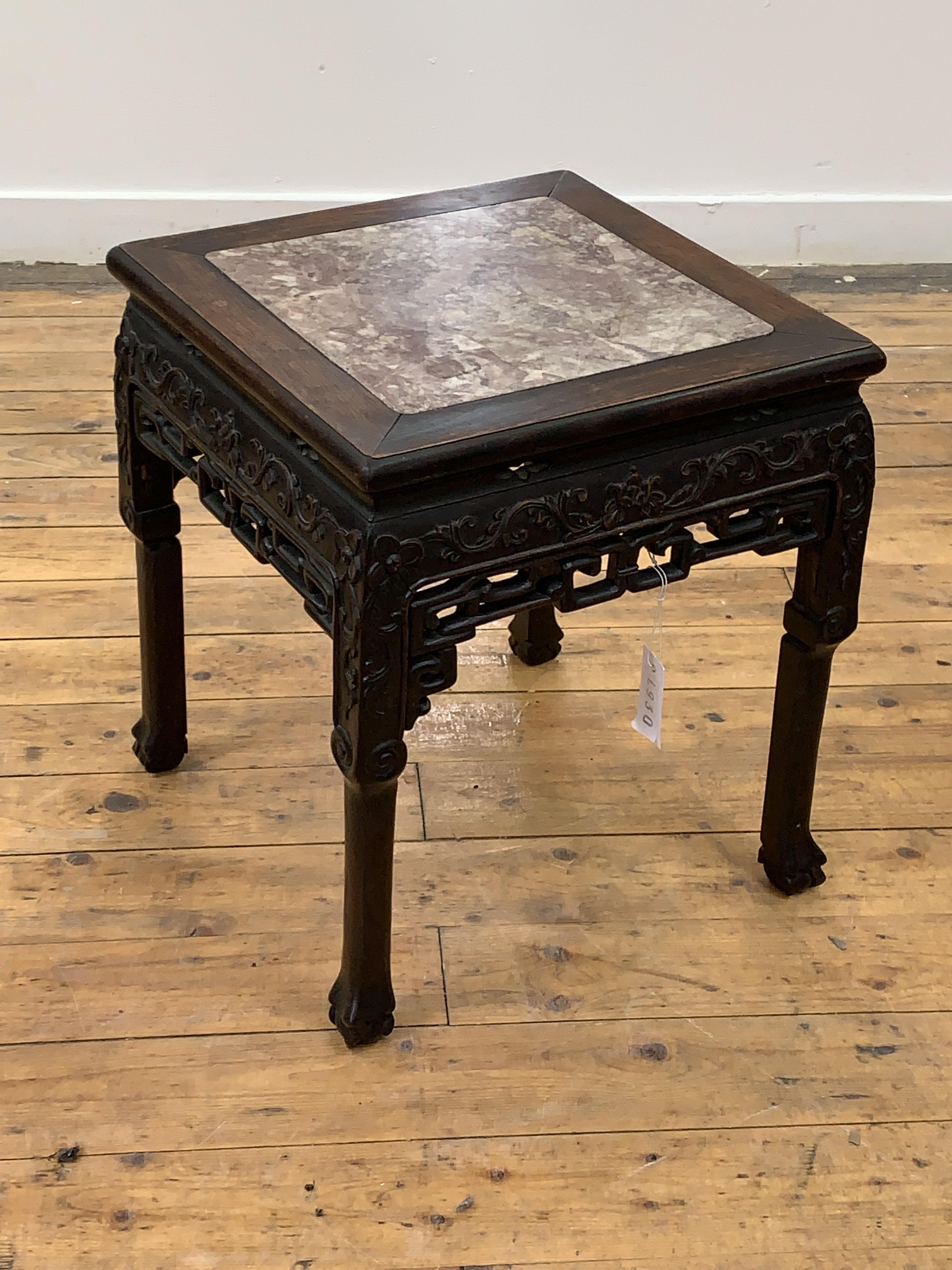A late 19th / early 20th century Chinese rosewood jardiniere stand of square form, the top inset - Image 2 of 2