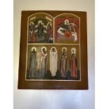 Russian School, an icon, painted in three sections depicting saints, Our Lady the Joy of All