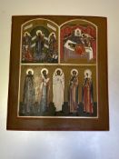 Russian School, an icon, painted in three sections depicting saints, Our Lady the Joy of All